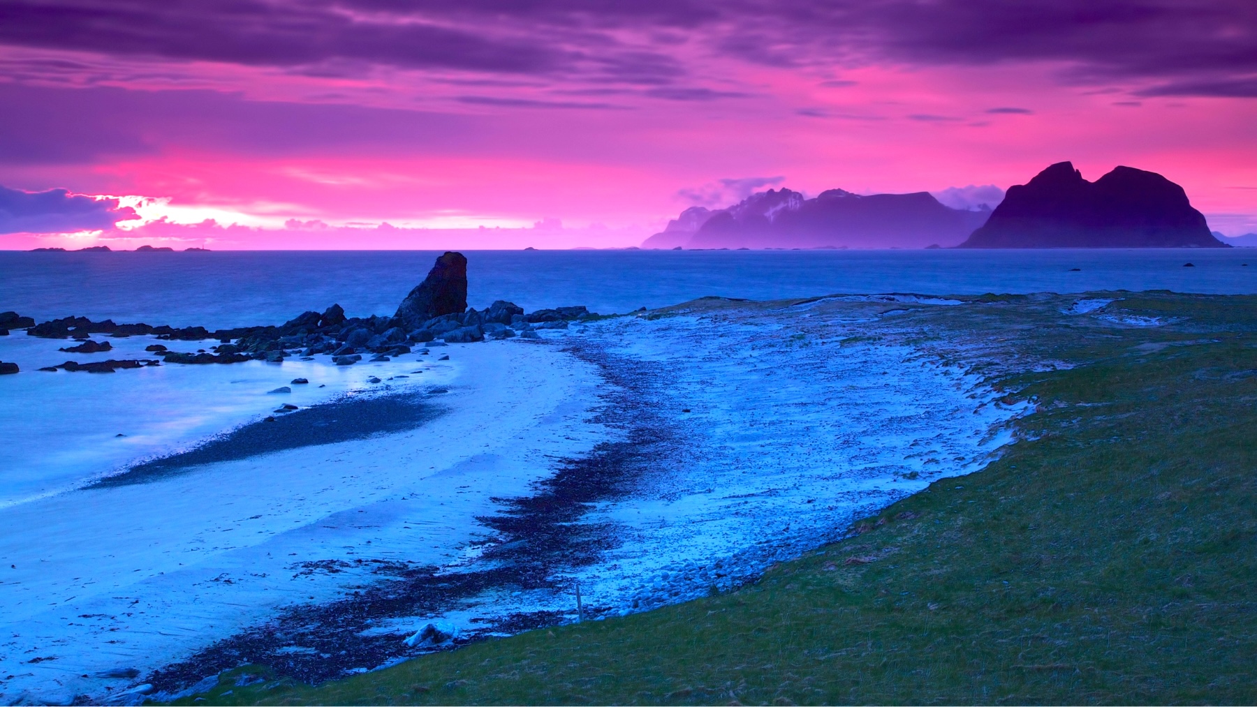 Midnight sun over the Lofoten coastline